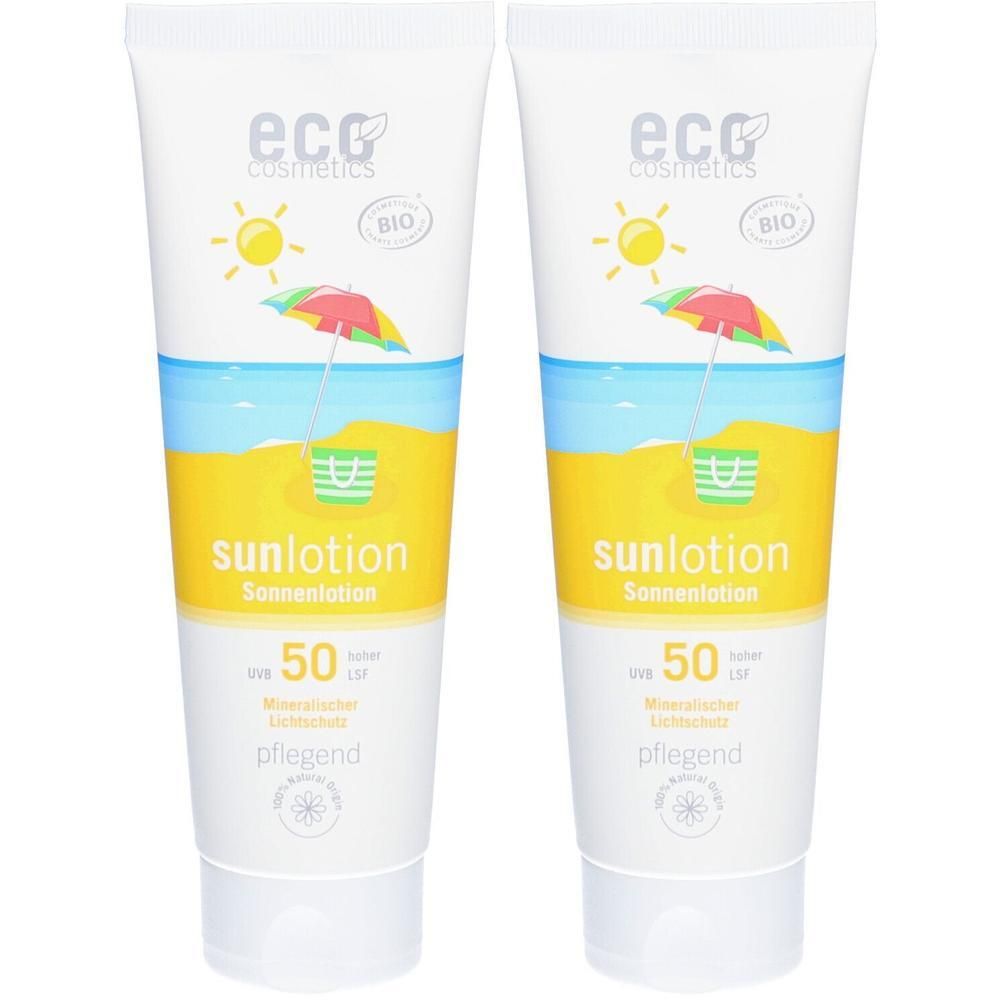 Zwei Tuben Sonnenlotion. Weiße Tuben mit gelbem, blauem und rotem Design. Aufschrift: sunlotion, LSF 50, pflegend. Mit Logo und Bio-Siegel.