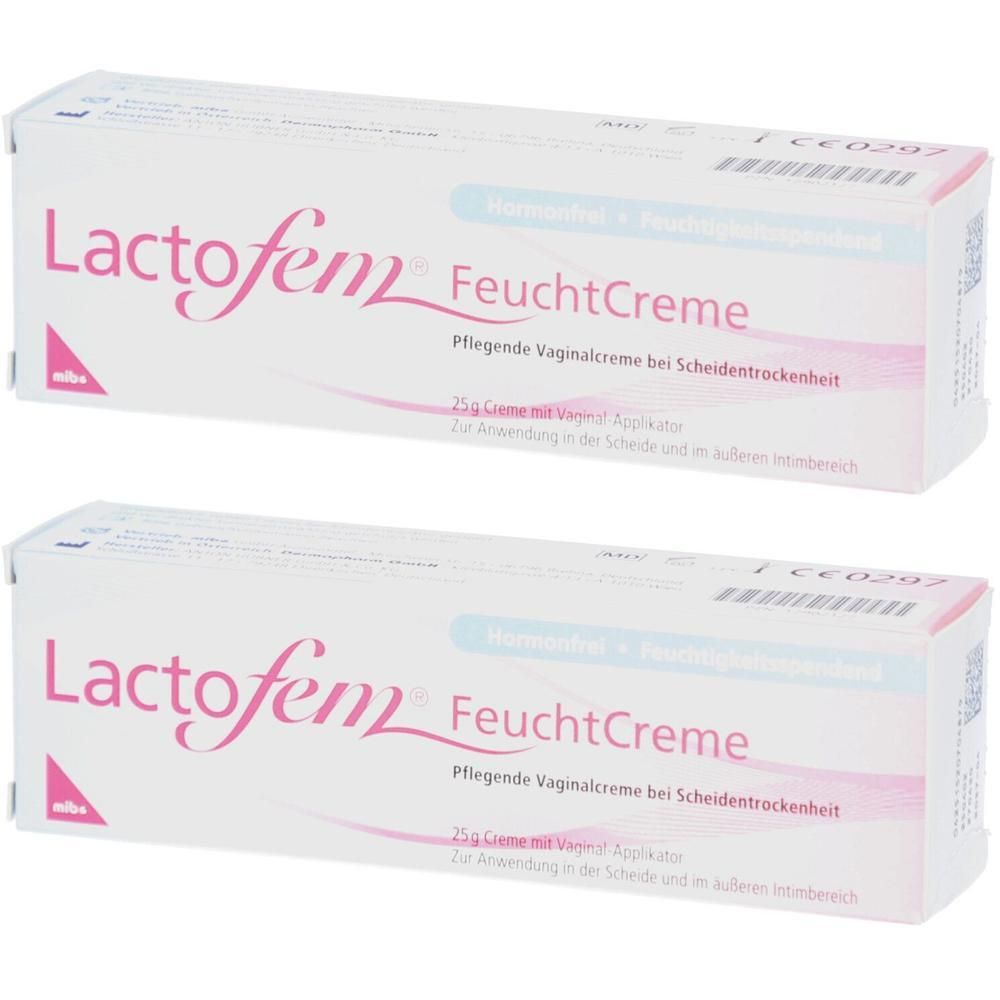 Zwei Packungen Lactofem FeuchtCreme, 25g Creme mit Vaginal-Applikator.
