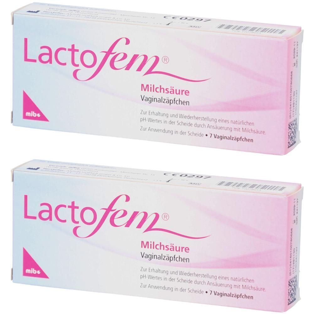 Zwei Packungen Lactofem Milchsäure Vaginalzäpfchen.