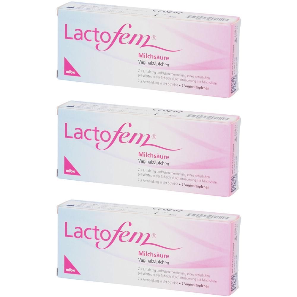 Drei Packungen Lactofem Milchsäure Vaginalzäpfchen.
