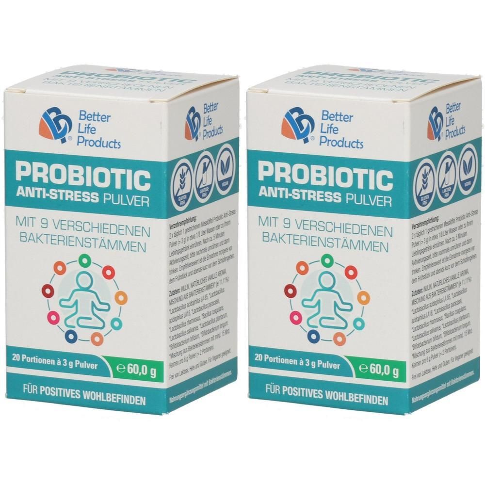Zwei rechteckige Kartons mit Produktaufdruck. Aufschrift: PROBIOTIC Anti-Stress Pulver. Enthält 9 Bakterienstämme. Mit Logo und Text.