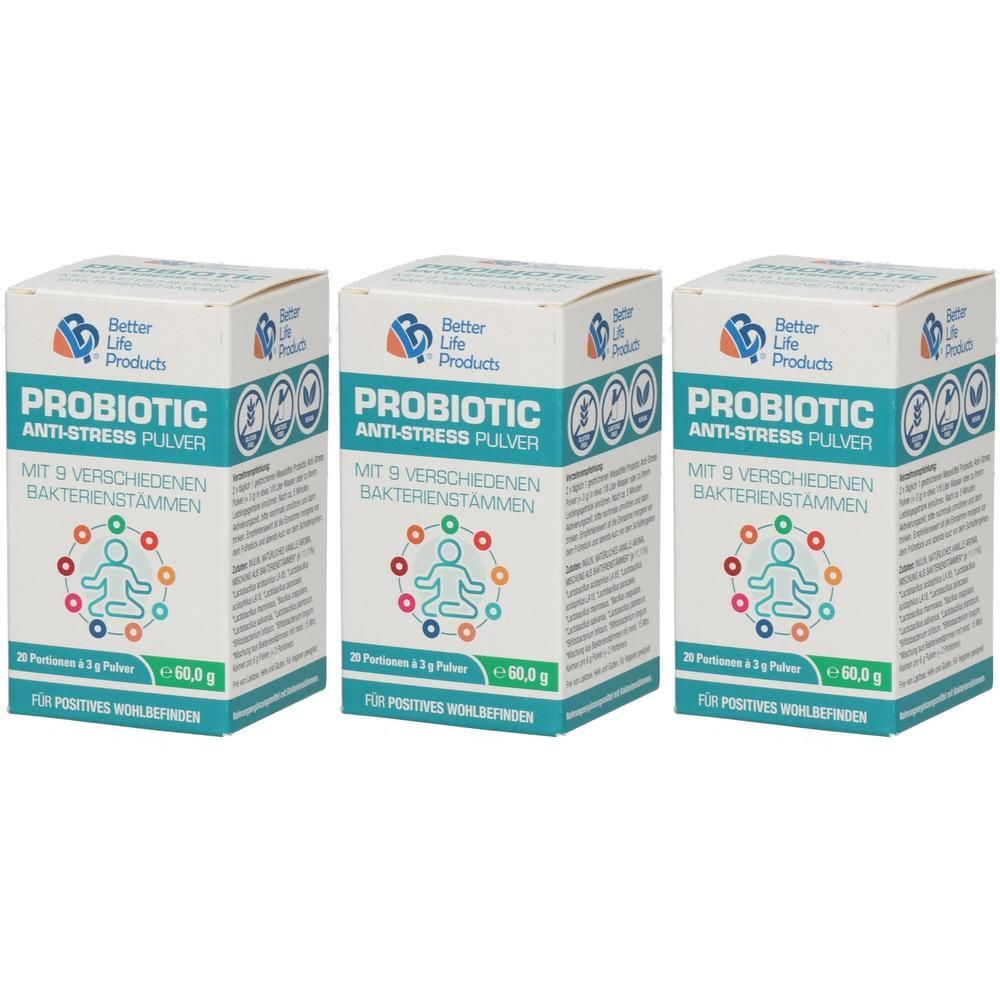 Drei weiße Kartons mit Produktaufdruck. Aufschrift: PROBIOTIC Anti-Stress Pulver. Logo: Better Life Products. Text in Deutsch.
