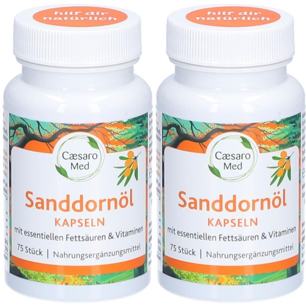 Zwei weiße Flaschen mit Kapseln. Aufschrift: Caesaro Med Sanddornöl Kapseln. Enthält essentielle Fettsäuren und Vitamine. 75 Stück.