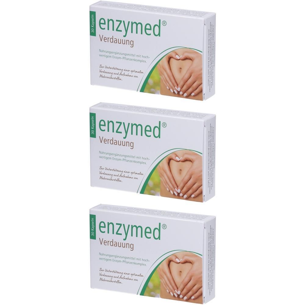 Drei Schachteln Enzymed Verdauung. Weiße Verpackung mit grünem Logo und Text. Abbildung von Händen, die einen Bauch umarmen.