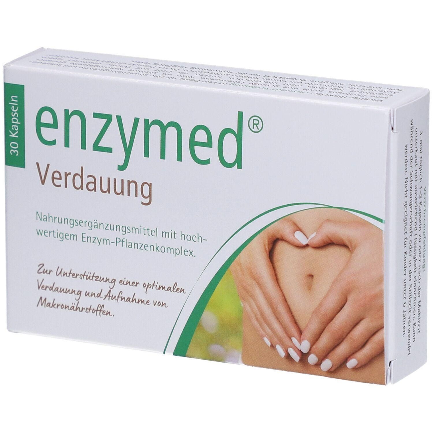 Weißer Karton mit "enzymed Verdauung". Enthält 30 Kapseln. Aufdruck: Nahrungsergänzungsmittel. Abbildung: Hände formen Herz über Bauch.
