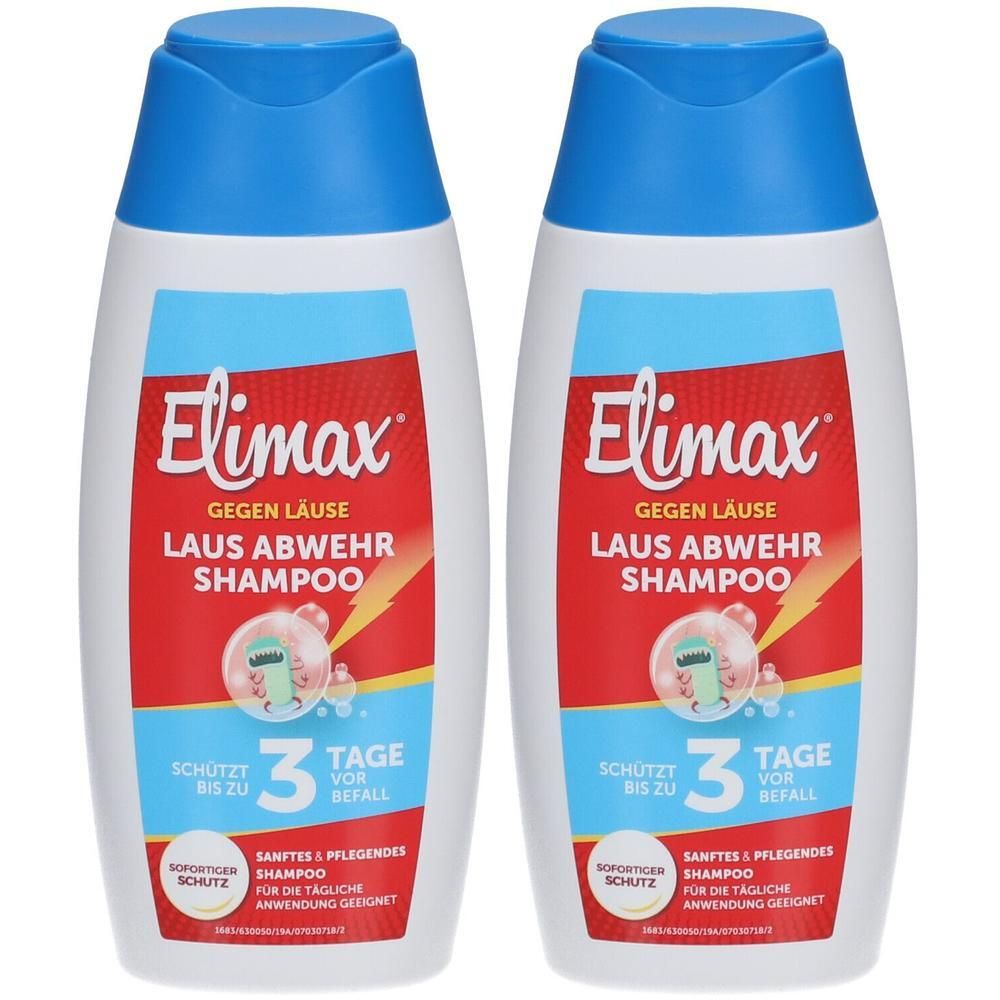 Zwei weiße Flaschen Elimax Laus Abwehr Shampoo mit blauem Deckel. Roter Aufkleber mit Produktnamen und Illustration. Text: Gegen Läuse.