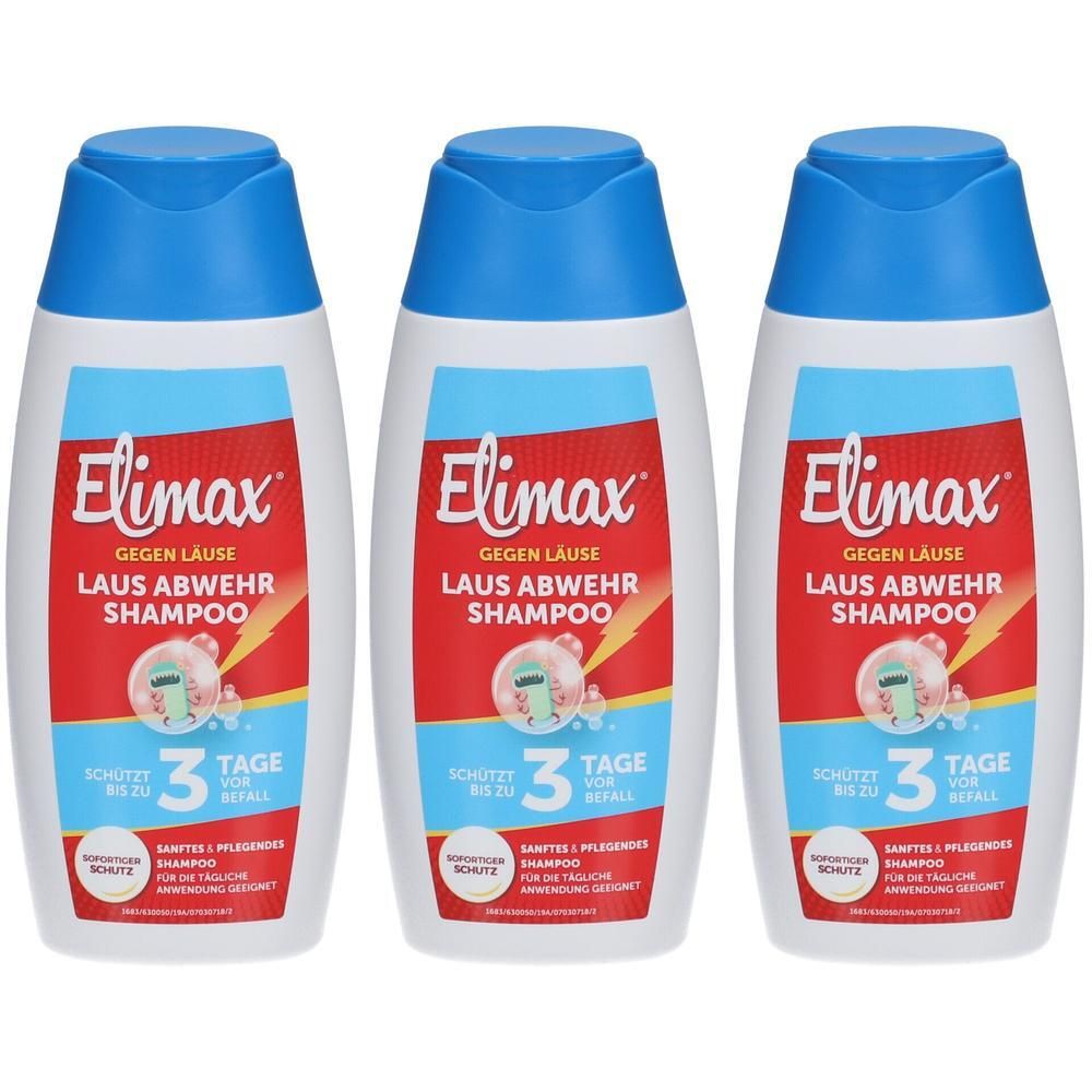 Drei Flaschen Elimax Laus Abwehr Shampoo. Weiße Flaschen mit blauem Deckel und rotem Etikett. Text: Elimax, gegen Läuse, 3 Tage Schutz.