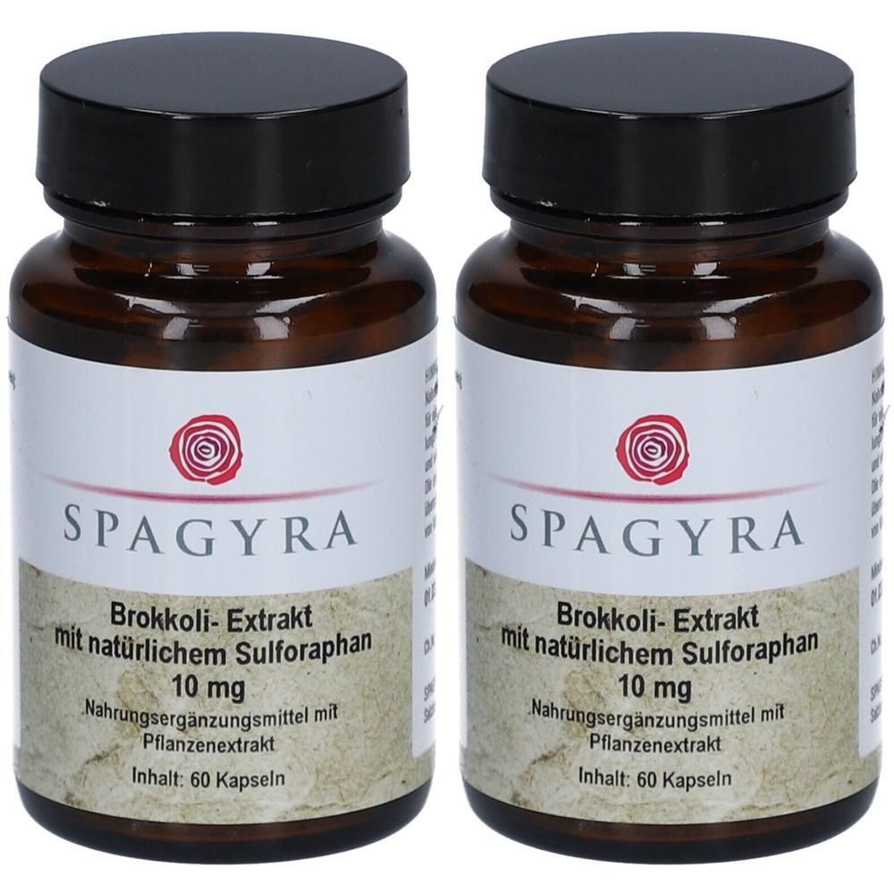 Zwei braune Glasflaschen mit schwarzen Deckeln. Etiketten mit Produktinformationen: SPAGYRA, Brokkoli-Extrakt, 10 mg, 60 Kapseln.