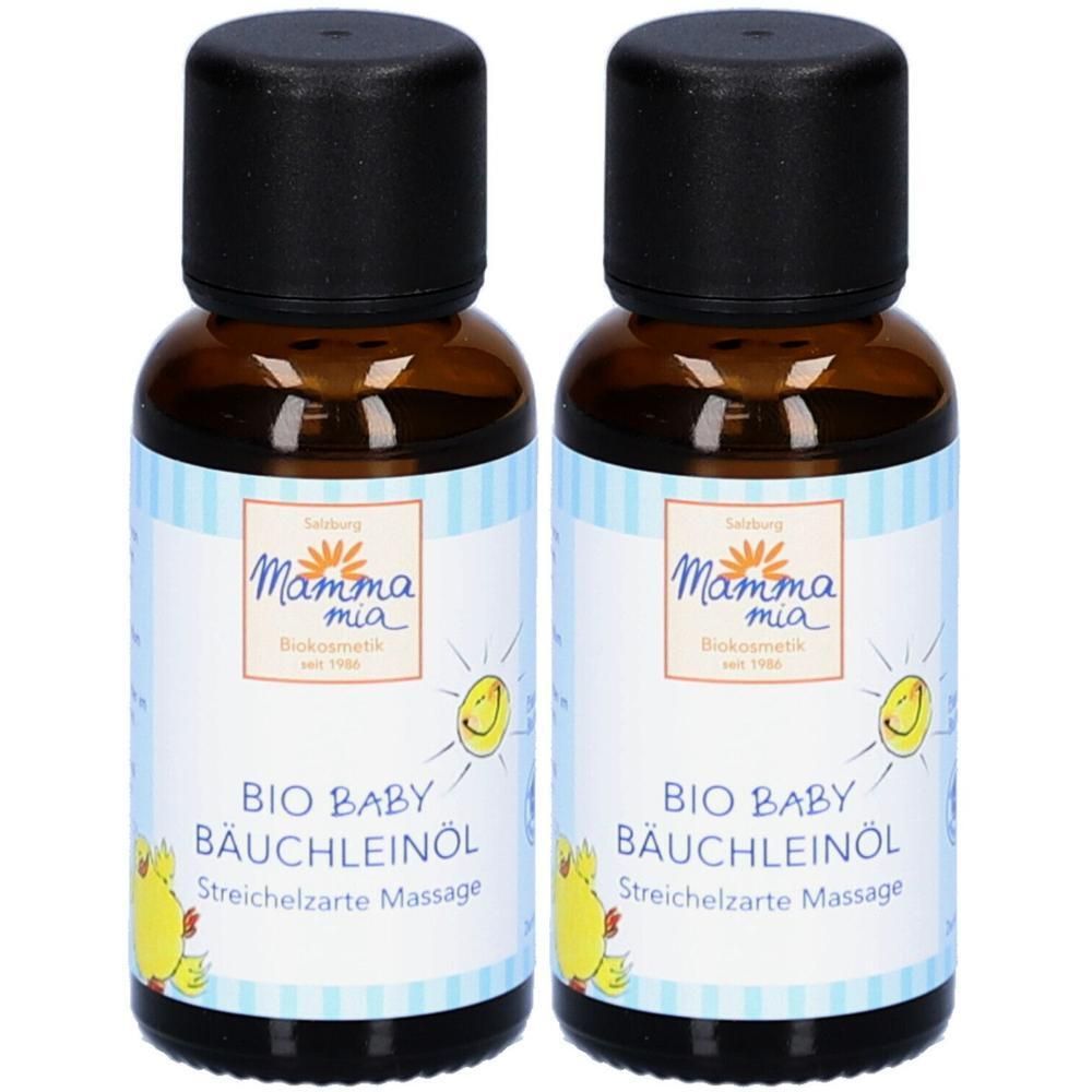 Zwei Flaschen BIO BABY BÄUCHLEINÖL mit schwarzen Verschlüssen. Etiketten mit Comic-Küken und Sonne.