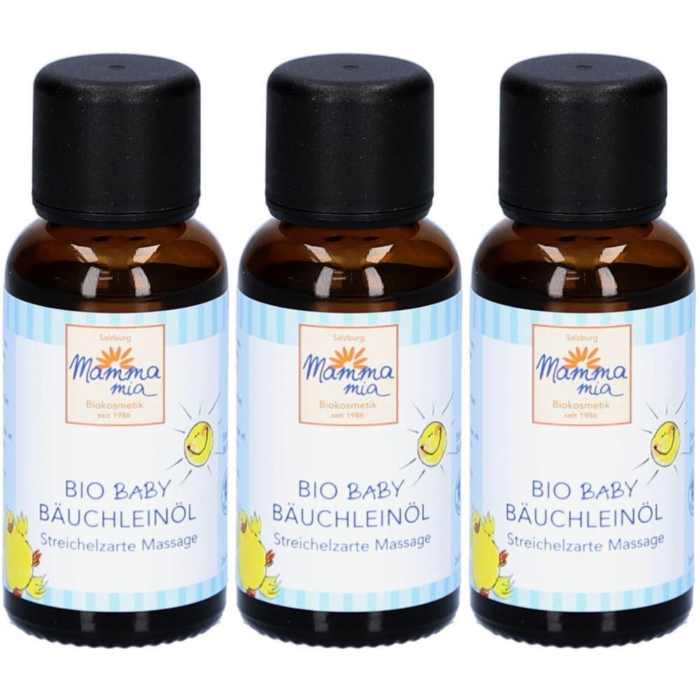 Drei braune Glasflaschen mit schwarzen Deckeln, gefüllt mit BIO BABY BÄUCHLEINÖL.