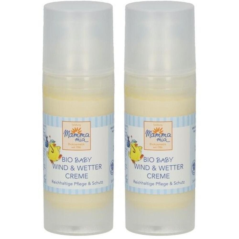 Zwei Flaschen SEEWALD BIO BABY WIND & WETTER CREME. Aufschrift: BIO BABY WIND & WETTER CREME. Marke: Mamma mia.
