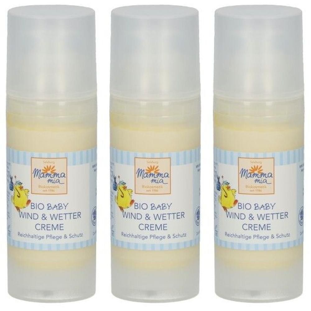 Drei Flaschen BIO BABY WIND & WETTER CREME mit Aufschraubdeckel. Gelbe Creme in durchsichtigen Behältern mit Etikett.