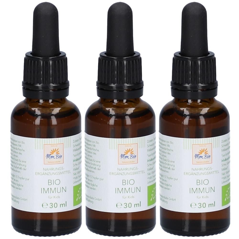 Drei braune Glasflaschen mit schwarzen Pipetten. Auf den Etiketten steht "BIO IMMUN" und "30 ml".