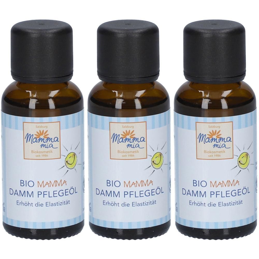 Drei braune Glasflaschen mit schwarzem Deckel. Aufschrift: BIO MAMMA DAMM PFLEGEÖL. Erhöht die Elastizität. Logo: Sonne mit Gesicht.