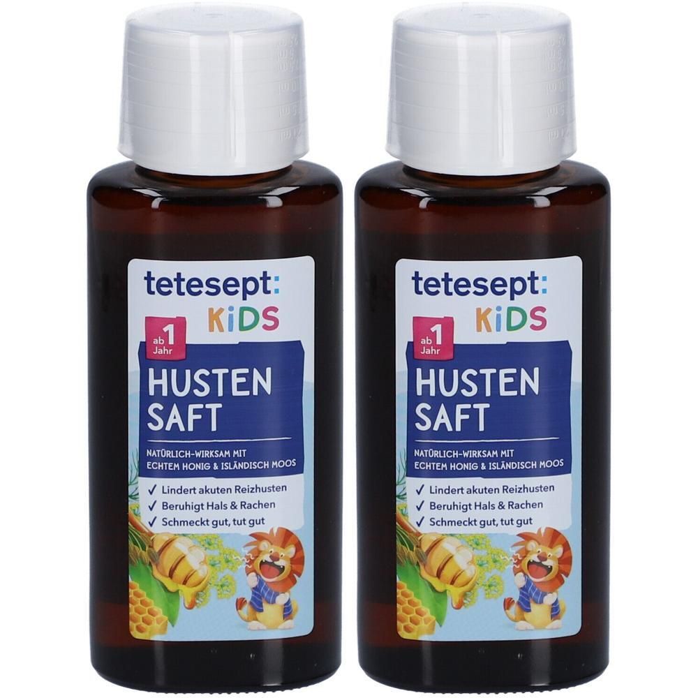 Zwei Flaschen Hustensaft. Aufkleber mit Produktinformationen und Illustrationen. Weißer Deckel, braune Flüssigkeit.