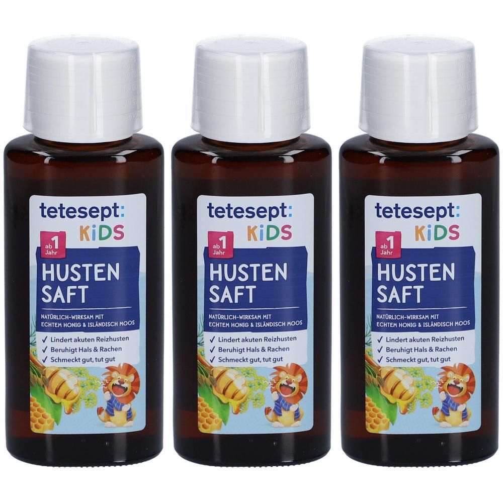 Drei Flaschen Hustensaft. Braune Flaschen mit weißem Deckel. Aufschrift: tetesept KIDS, Husten Saft. Mit Illustrationen.