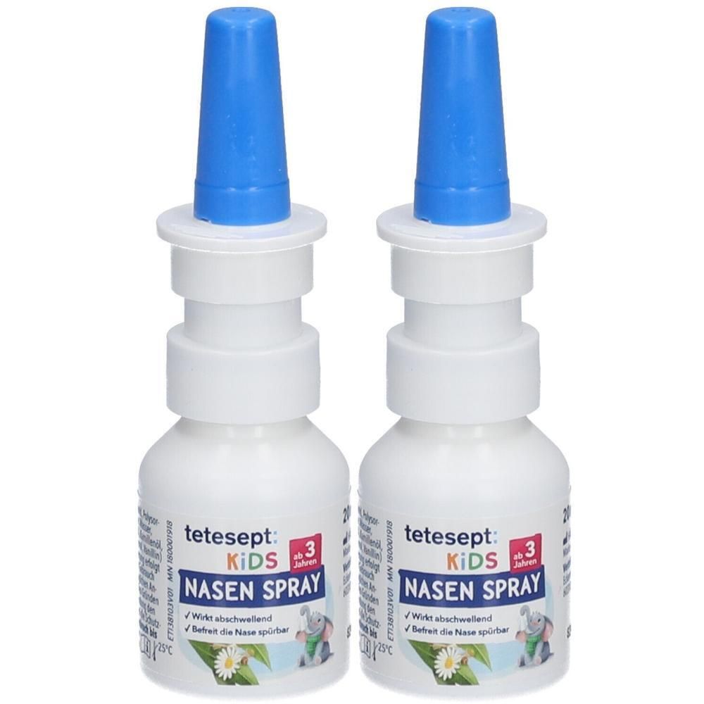 Zwei weiße Nasenspray-Fläschchen mit blauem Sprühkopf. Aufschrift: tetesept KIDS Nasen Spray.