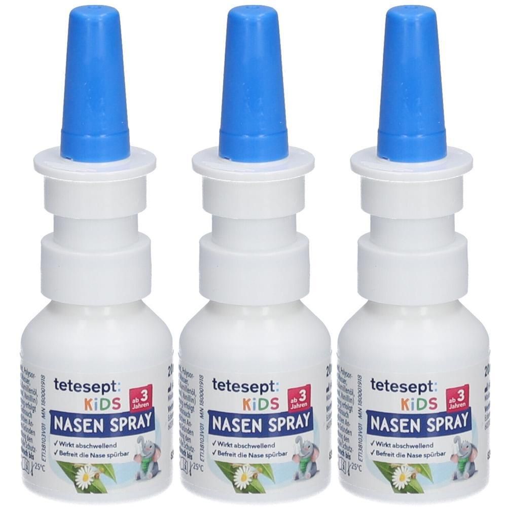 Drei weiße Nasenspray-Flaschen mit blauen Sprühköpfen. Auf jeder Flasche steht "tetesept KIDS NASEN SPRAY" und ein Altershinweis "ab 3 Jahren".
