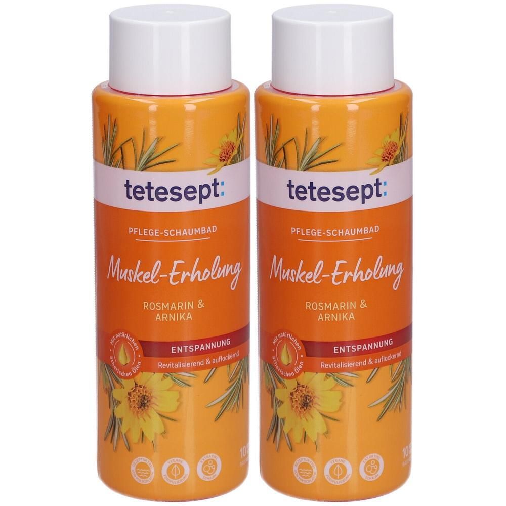 Zwei Flaschen tetesept® Pflege-Schaumbad Muskel-Erholung. Orangefarbene Flaschen mit weißem Deckel. Aufschrift: Rosmarin & Arnika, Entspannung.