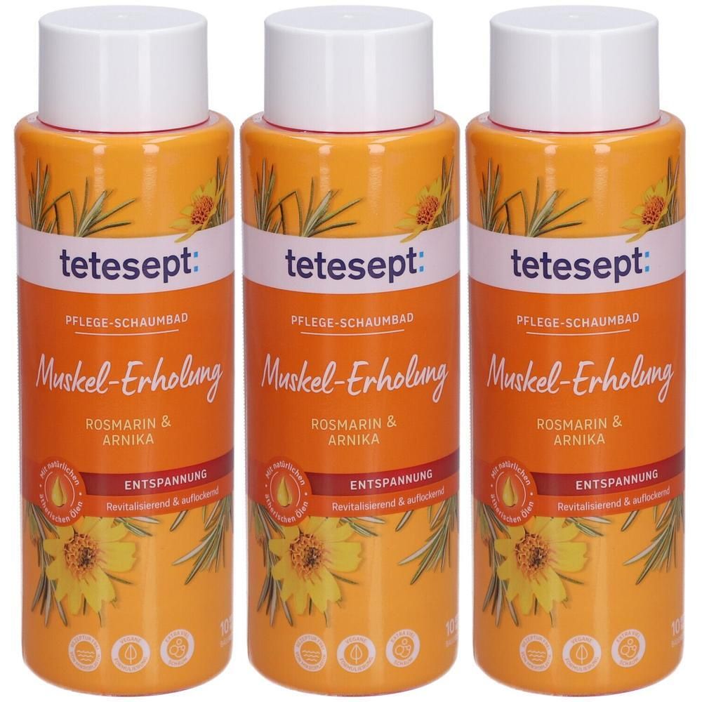 Drei Flaschen tetesept® Pflege-Schaumbad Muskel-Erholung. Orangefarbene Flaschen mit weißem Deckel. Aufschrift: Muskel-Erholung, Rosmarin & Arnika.