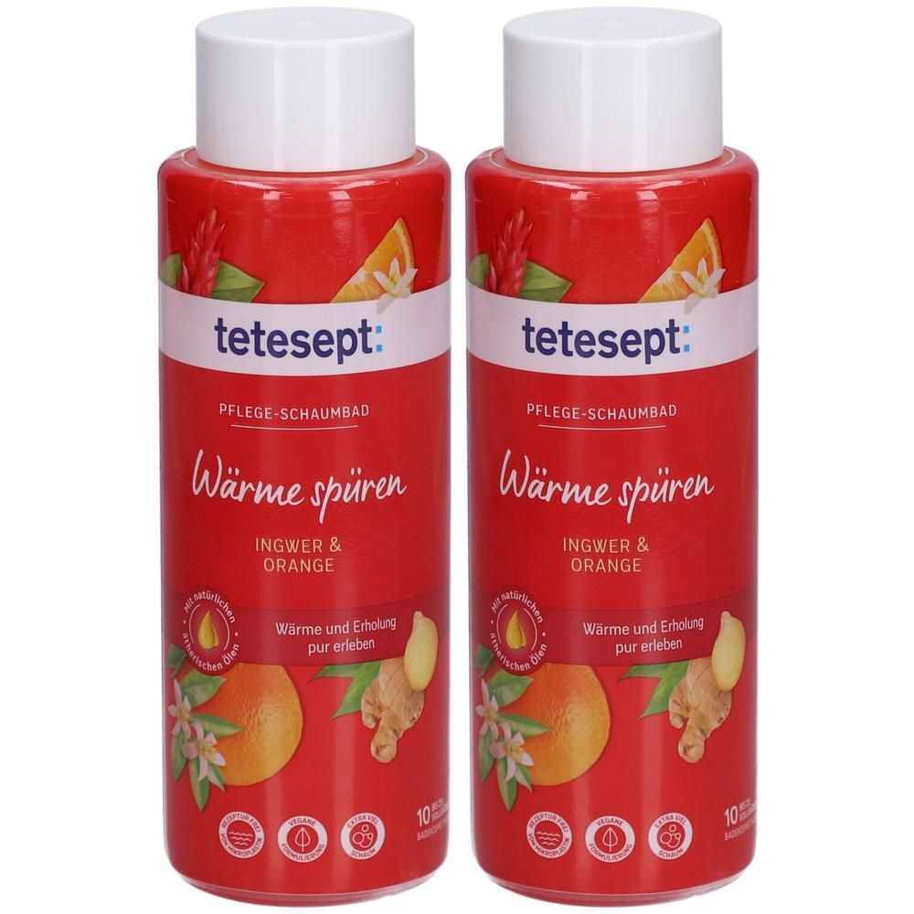 Zwei rote Flaschen mit weißem Deckel. Aufschrift: tetesept, Pflege-Schaumbad, Wärme spüren, Ingwer & Orange. Illustrationen von Orange und Ingwer.
