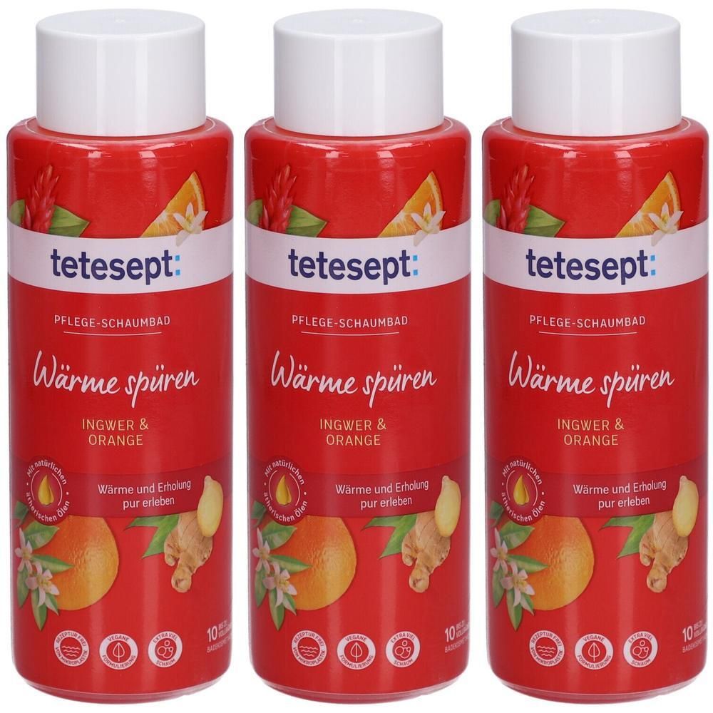 Drei Flaschen tetesept Schaumbad. Rote Flaschen mit weißem Deckel. Aufschrift: Wärme spüren, Ingwer & Orange. Abbildungen von Orange und Ingwer.