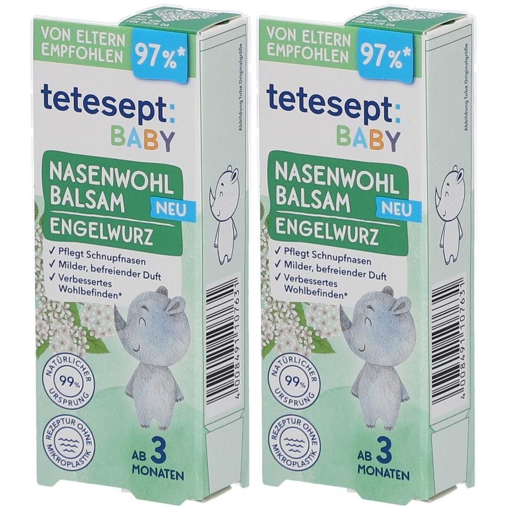 Zwei Packungen tetesept Baby Nasenwohl Balsam Engelwurz mit niedlichem Nashorn-Motiv. Empfohlen von Eltern.
