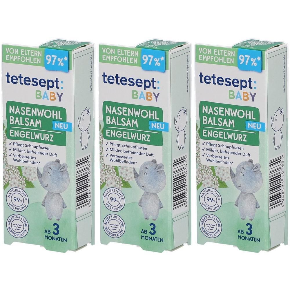 Drei Packungen tetesept Baby Nasenwohl Balsam Engelwurz mit niedlichem Nashorn-Motiv. Empfohlen von 97% der Eltern.
