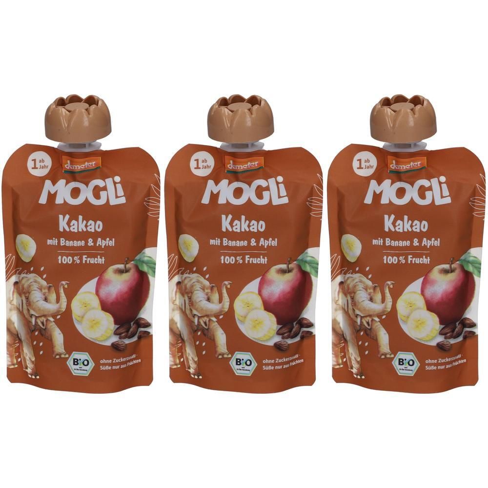 Drei Beutel MOGLi Kakao mit Banane & Apfel. Braune Verpackung mit Logo, Apfel, Banane und Elefant. Mit Bio-Siegel.