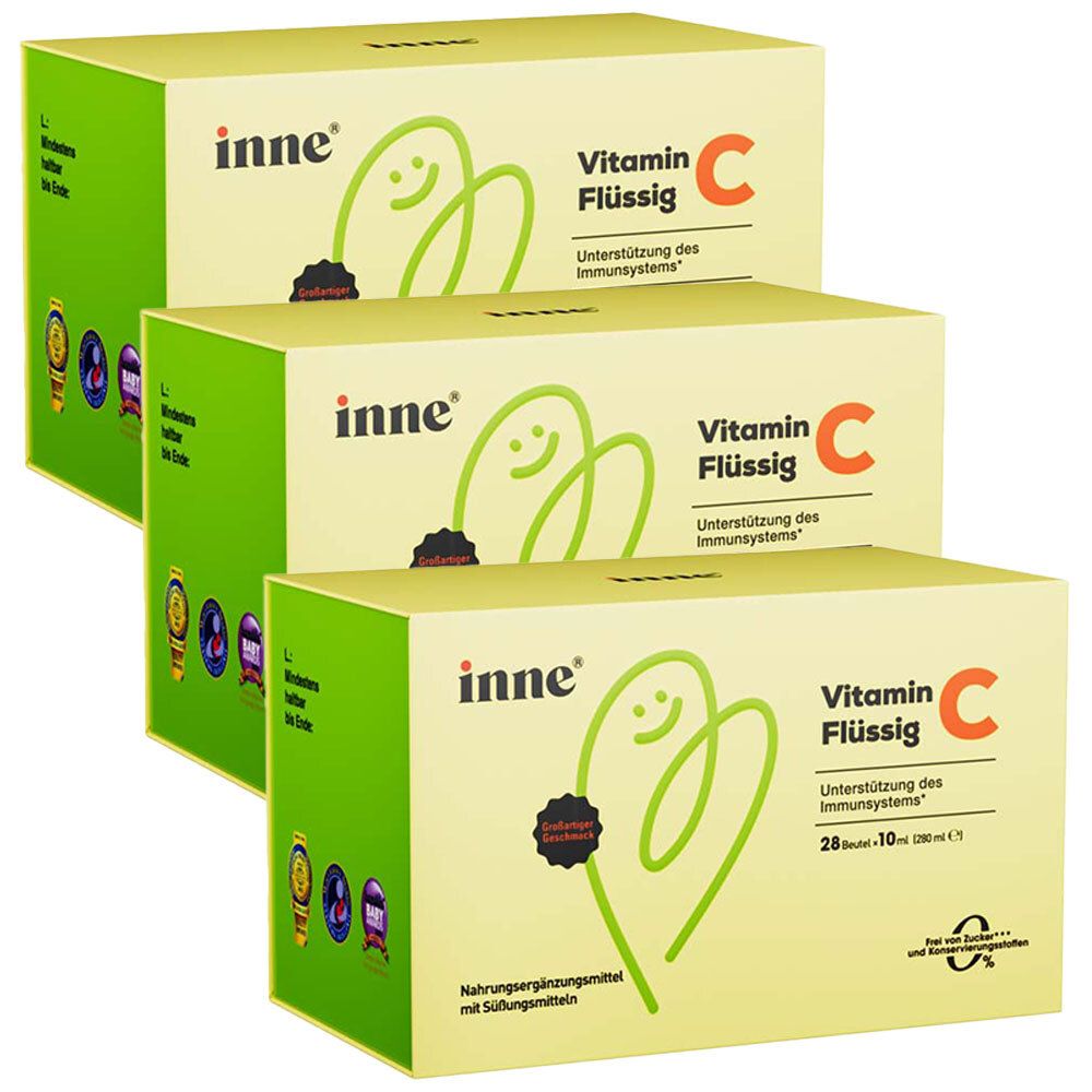 Drei Packungen Inne Vitamin C Flüssig, zur Unterstützung des Immunsystems. Enthält 28x 10ml Beutel.