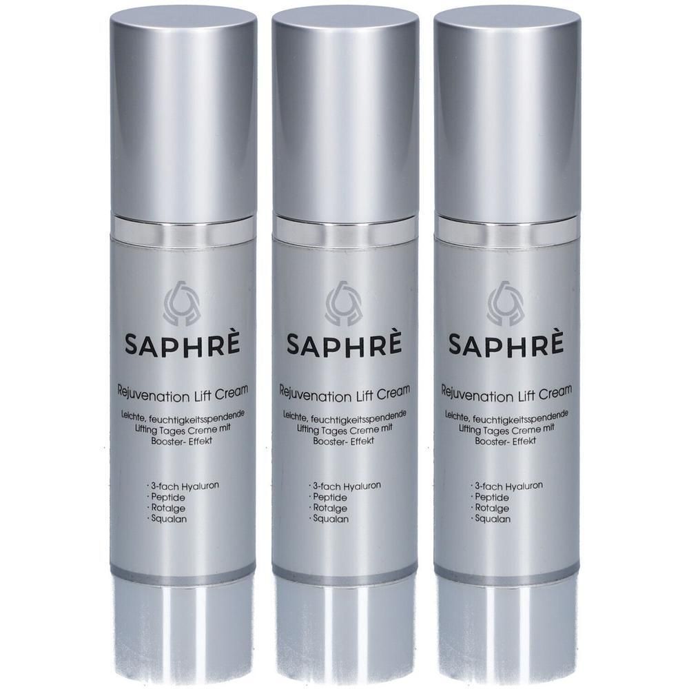 Drei silberne Pumpspender mit Saphre Rejuvenation Lift Cream Aufschrift.