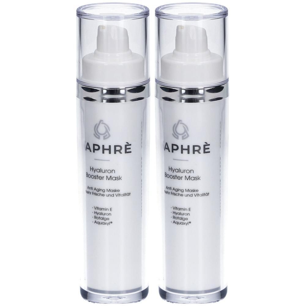 Zwei weiße Pumpspender mit silbernem Ring und durchsichtigem Deckel. Beschriftung: APHRÈ Hyaluron Booster Mask.