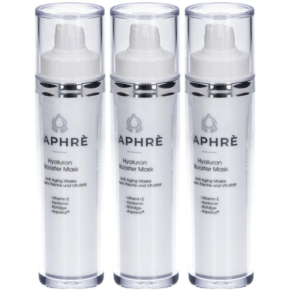 Drei weiße Flaschen mit Pumpspendern, beschriftet mit 'APHRE Hyaluron Booster Mask'.