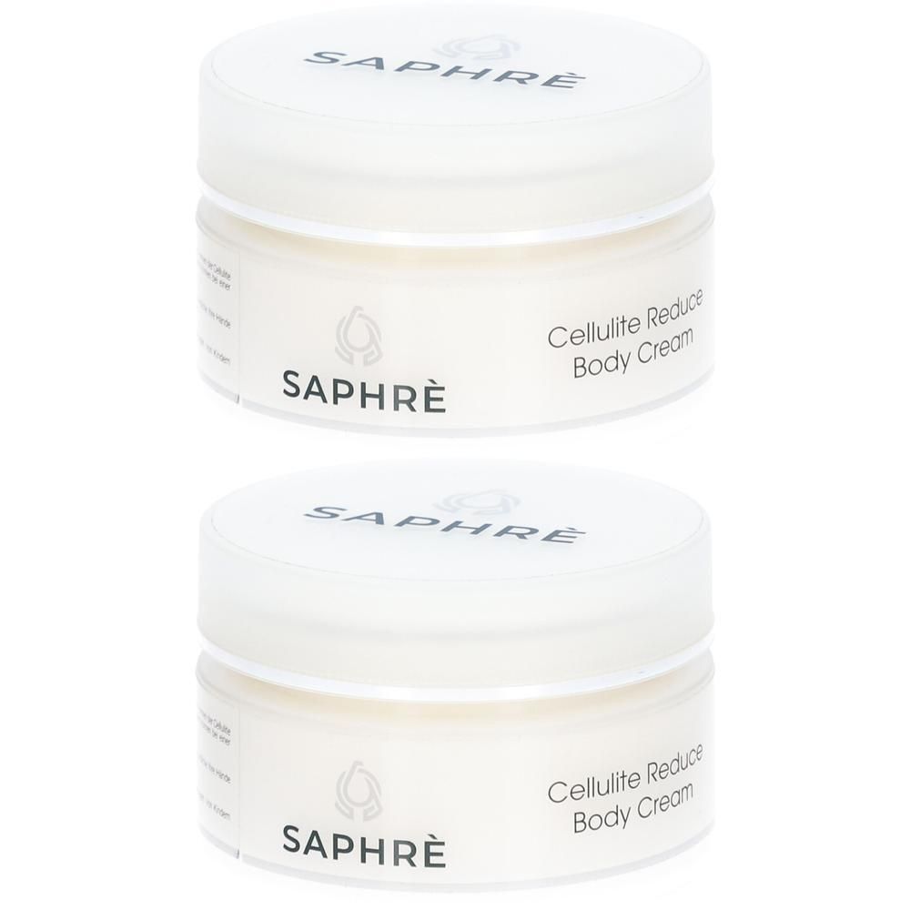 Zwei SAPHRÈ Cellulite Reduce Body Cream Tiegel mit weißem Deckel und Etikett.