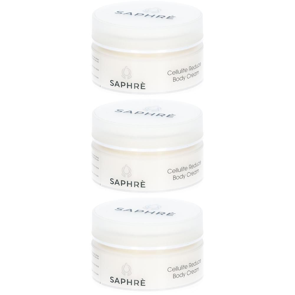 Drei weiße Tiegel mit SAPHRÈ Cellulite Reduce Body Cream.