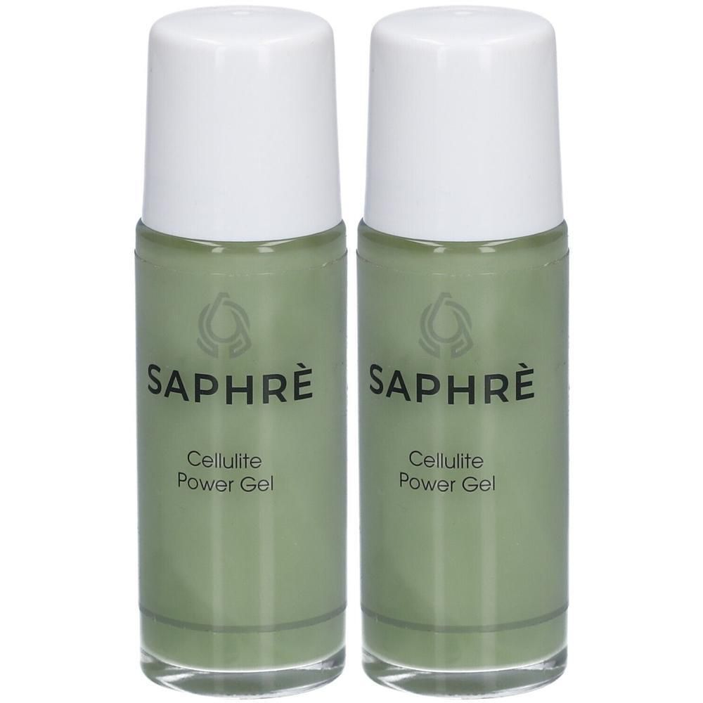 Zwei Flaschen SAPHRÈ Cellulite Power Gel in Hellgrün mit weißem Verschluss.