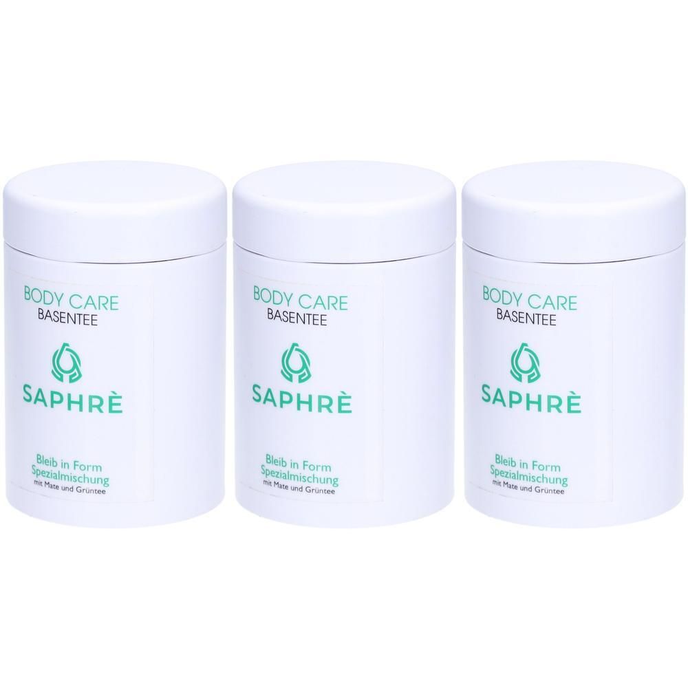 Drei weiße Dosen mit Deckel. Auf jeder Dose steht "BODY CARE BASENTEE" und "SAPHRÈ".