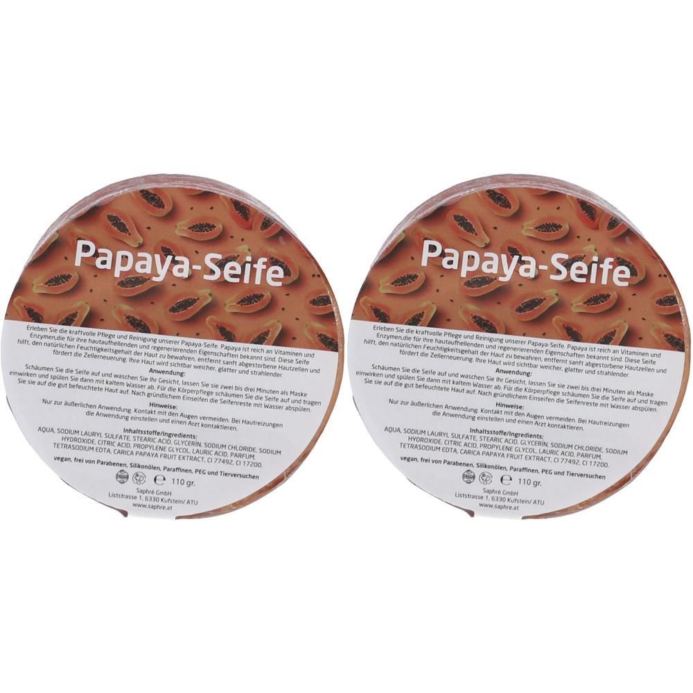 Zwei runde Packungen Saphre Papaya-Seife mit Papaya-Motiv und Text. Jede Packung wiegt 110g.