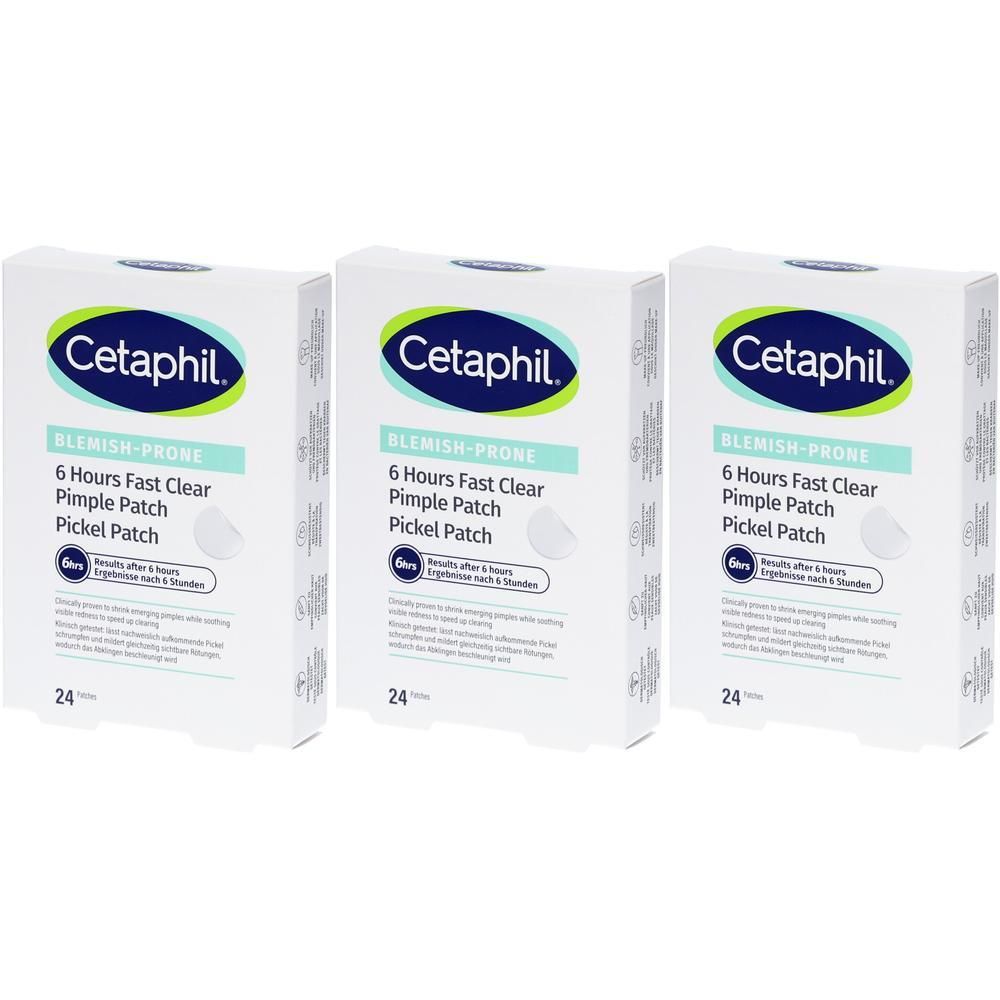 Drei Schachteln mit Pickel-Patches. Auf jeder Schachtel steht Cetaphil, Blemish-Prone, 6 Hours Fast Clear Pimple Patch, Pickel Patch.