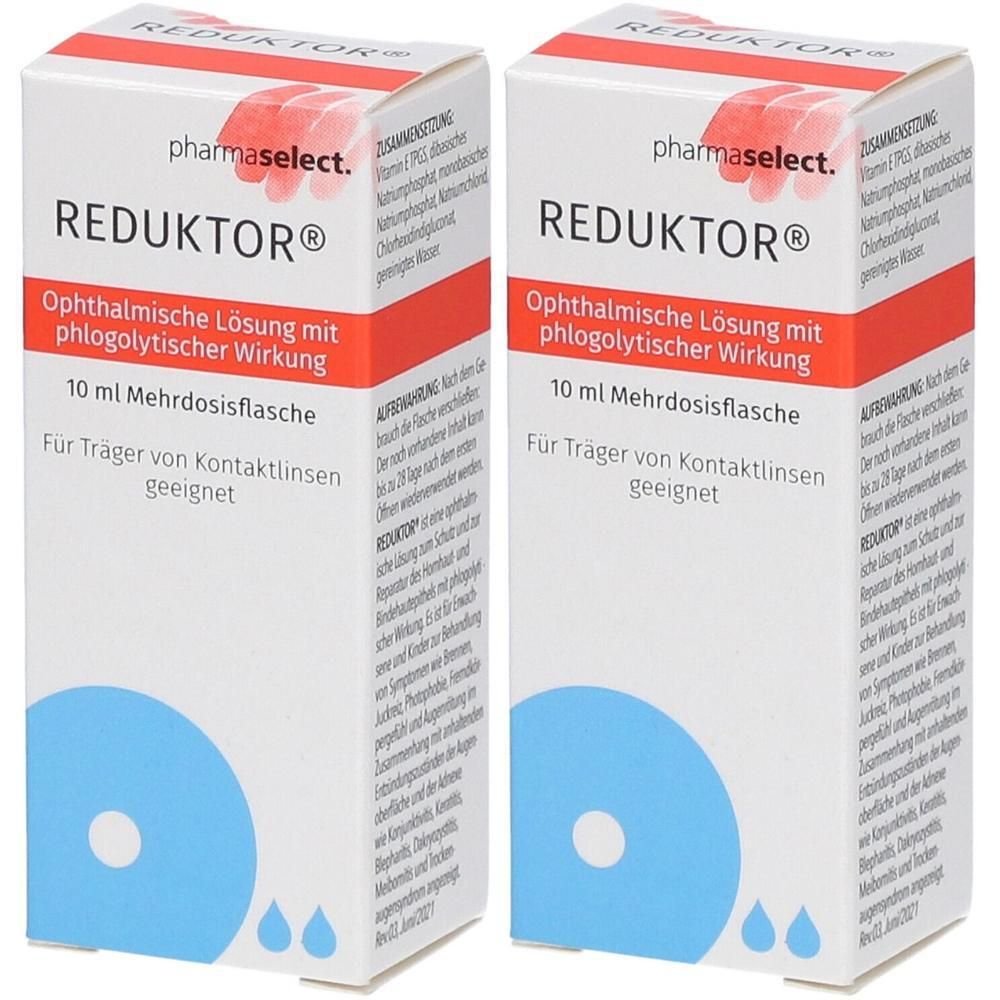 Zwei Schachteln REDUKTOR® Ophtalmische Lösung, 10 ml Mehrdosisflasche, für Kontaktlinsenträger geeignet.