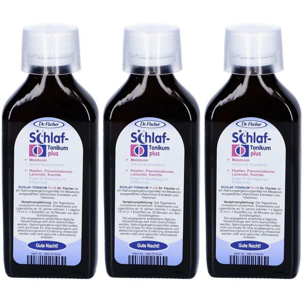 Drei Flaschen SCHLAF-TONIKUM PLUS Dr. Fischer. Jede Flasche hat einen weißen Deckel und ein Etikett mit Produktinformationen.