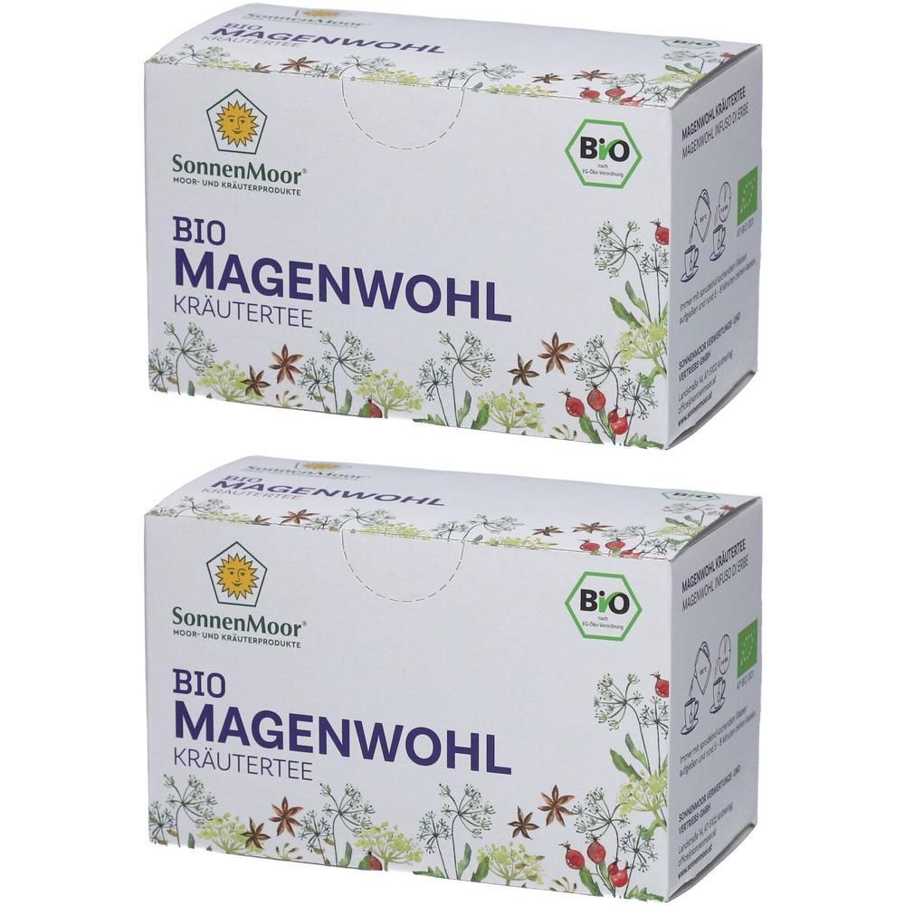 Zwei rechteckige Kartons mit Aufdruck. Aufschrift: BIO MAGENWOHL KRÄUTERTEE. Logo: SonnenMoor. Bio-Siegel. Floralmuster.