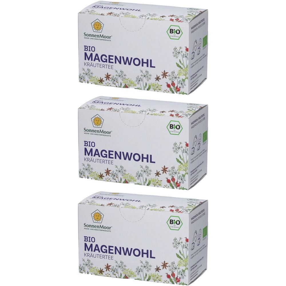 Drei Kartons Kräutertee. Aufdruck: SonnenMoor, BIO MAGENWOHL. Mit floralen Illustrationen und Bio-Siegel.