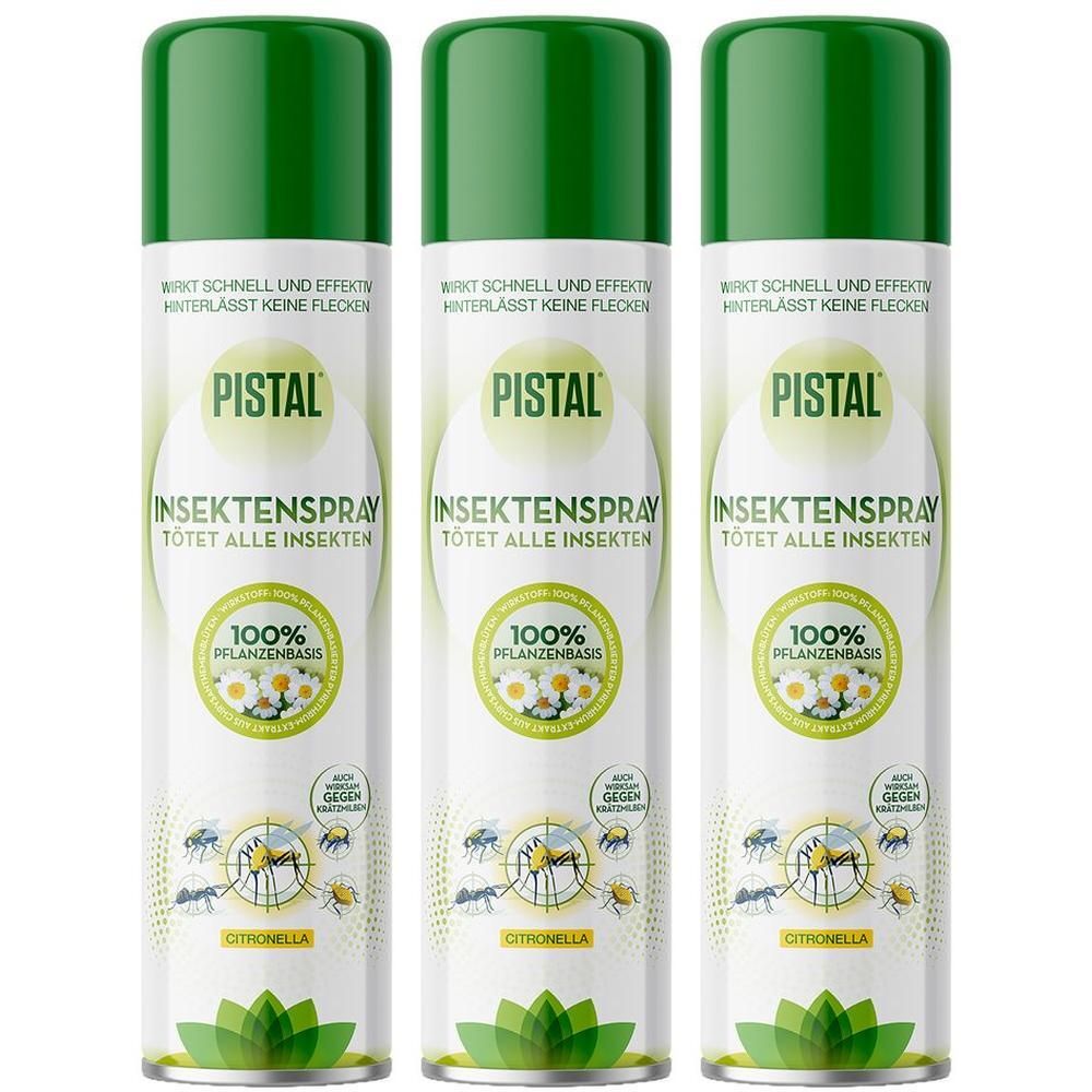 Drei Sprühdosen mit grünem Deckel. Aufschrift: PISTAL INSEKTSPRAY. Text: Tötet alle Insekten. 100% pflanzliche Basis. Citronella.