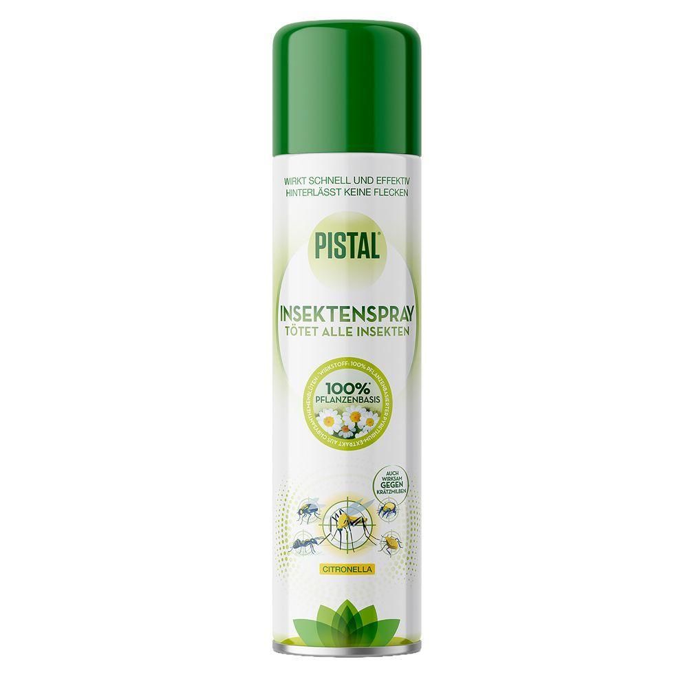 Zylindrische Sprühdose mit grünem Deckel. Aufschrift: PISTAL INSEKTSPRAY, 100% pflanzlich. Abbildungen von Insekten.