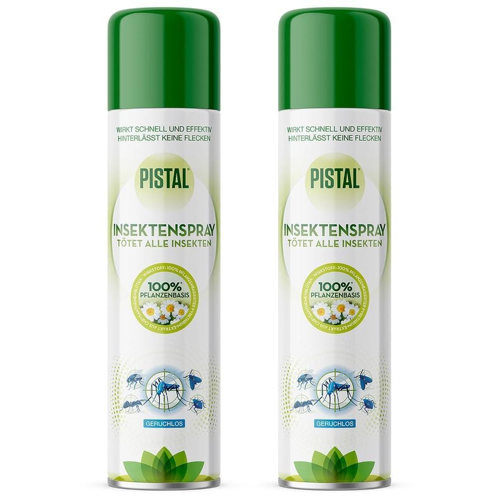 Zwei grüne Sprühdosen. Aufschrift: PISTAL INSEKTSPRAY, tötet alle Insekten. Mit 100% Pflanzenbasis. Geruchlos.
