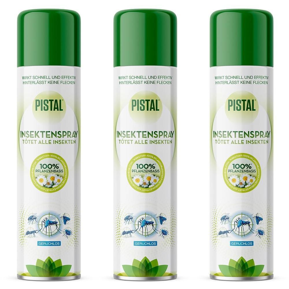 Drei grüne Sprühdosen mit weißem Etikett. Aufschrift: PISTAL INSEKTSPRAY. 100% pflanzliche Basis. Geruchlos. Grüne Deckel.