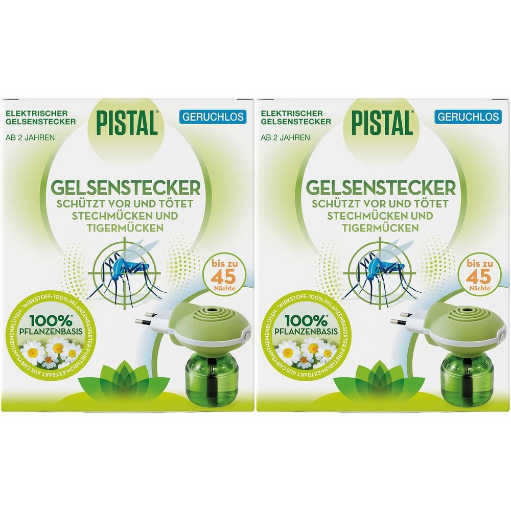 Zwei Packungen Pistal® geruchloser Gelsenstecker mit je einem Verdampfer und Fläschchen.