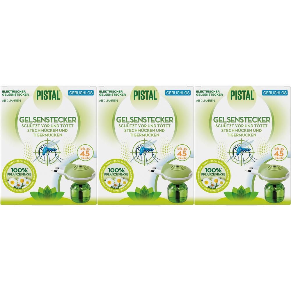 Drei Packungen Pistal® Gelsenstecker geruchlos nebeneinander, mit Abbildung eines elektrischen Verdampfers und Mücken.