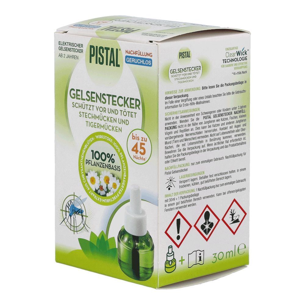 Eine Packung Pistal Gelsenstecker Nachfüllung, geruchlos, 30ml, mit 100% pflanzlicher Basis.